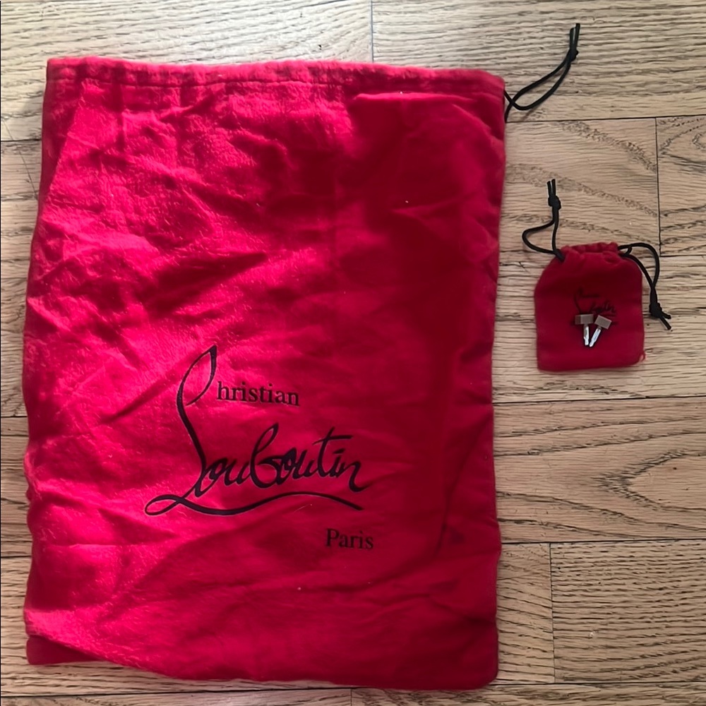 Christian Louboutin Red Dust Bags with shoe tap and dust bag.
